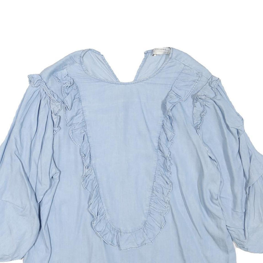 ZARA Womens Light Blue Ruffle Detail Blouse Long Sleeve V-Neck L Cotton Blend