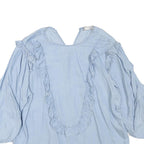 ZARA Womens Light Blue Ruffle Detail Blouse Long Sleeve V-Neck L Cotton Blend