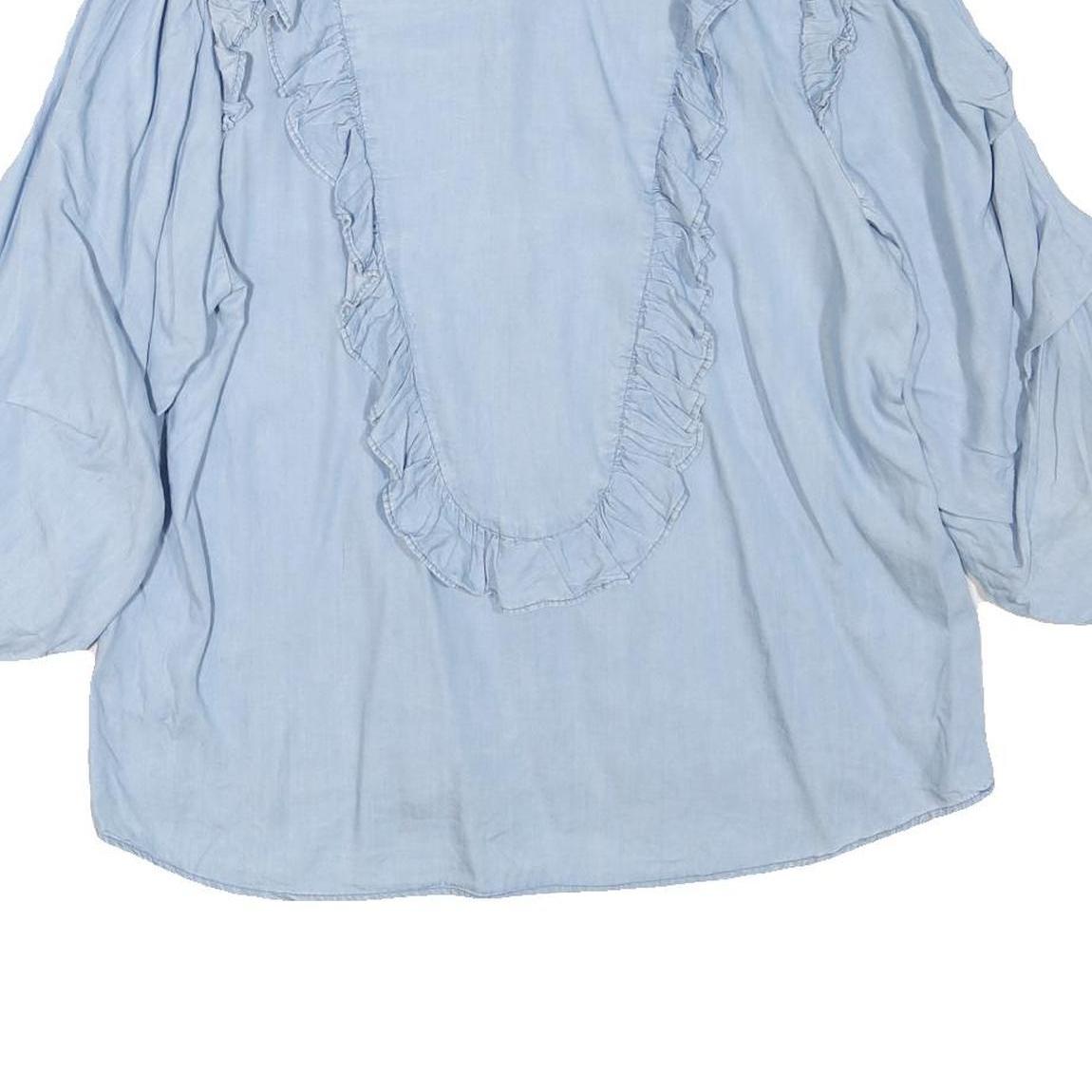 ZARA Womens Light Blue Ruffle Detail Blouse Long Sleeve V-Neck L Cotton Blend