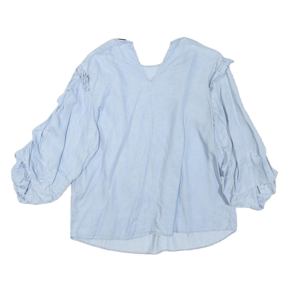 ZARA Womens Light Blue Ruffle Detail Blouse Long Sleeve V-Neck L Cotton Blend