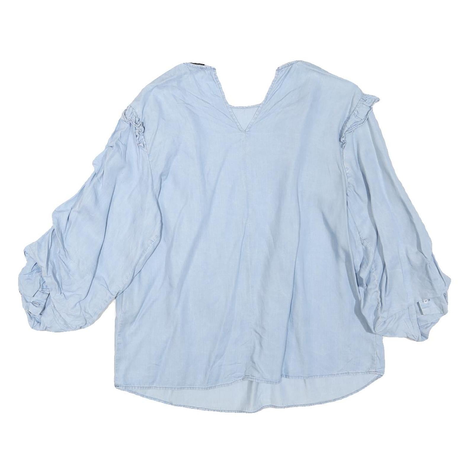 ZARA Womens Light Blue Ruffle Detail Blouse Long Sleeve V-Neck L Cotton Blend