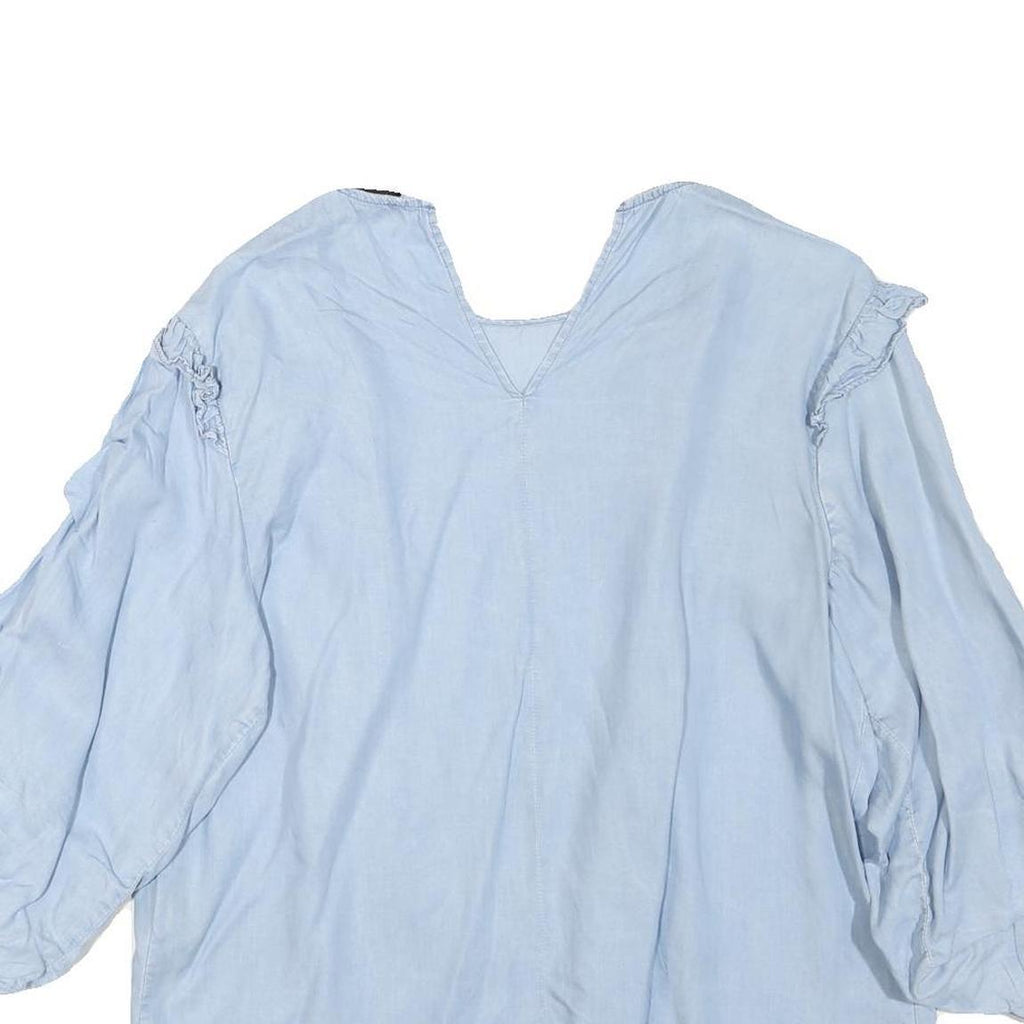 ZARA Womens Light Blue Ruffle Detail Blouse Long Sleeve V-Neck L Cotton Blend