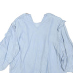 ZARA Womens Light Blue Ruffle Detail Blouse Long Sleeve V-Neck L Cotton Blend