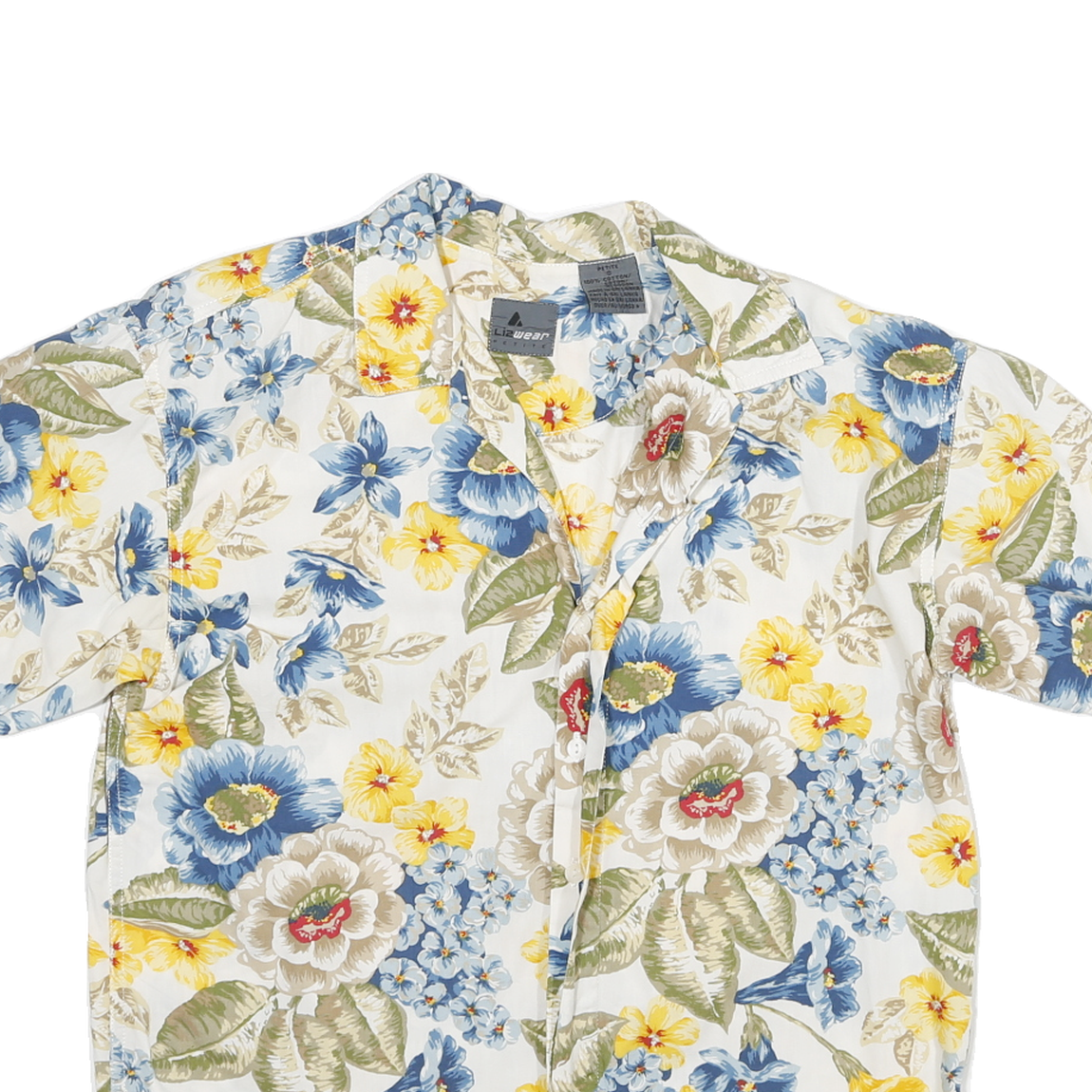 LIZ WEAR Womens White & Blue Floral Cotton Blend Shirt S Summer Casual