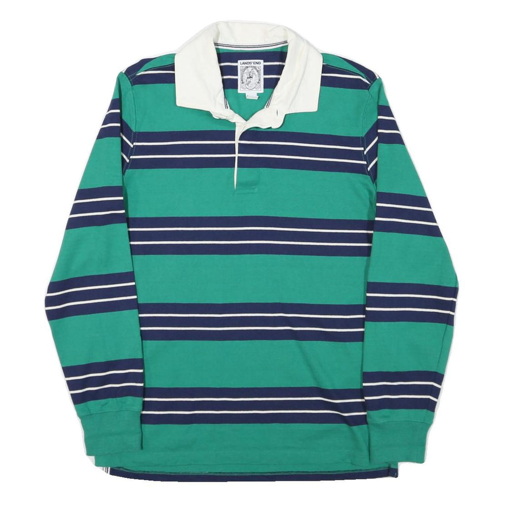 LANDS END Mens Green & Navy Striped Long Sleeve Polo Shirt M Cotton Blend Casual