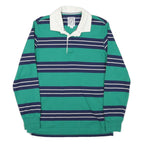 LANDS END Mens Green & Navy Striped Long Sleeve Polo Shirt M Cotton Blend Casual