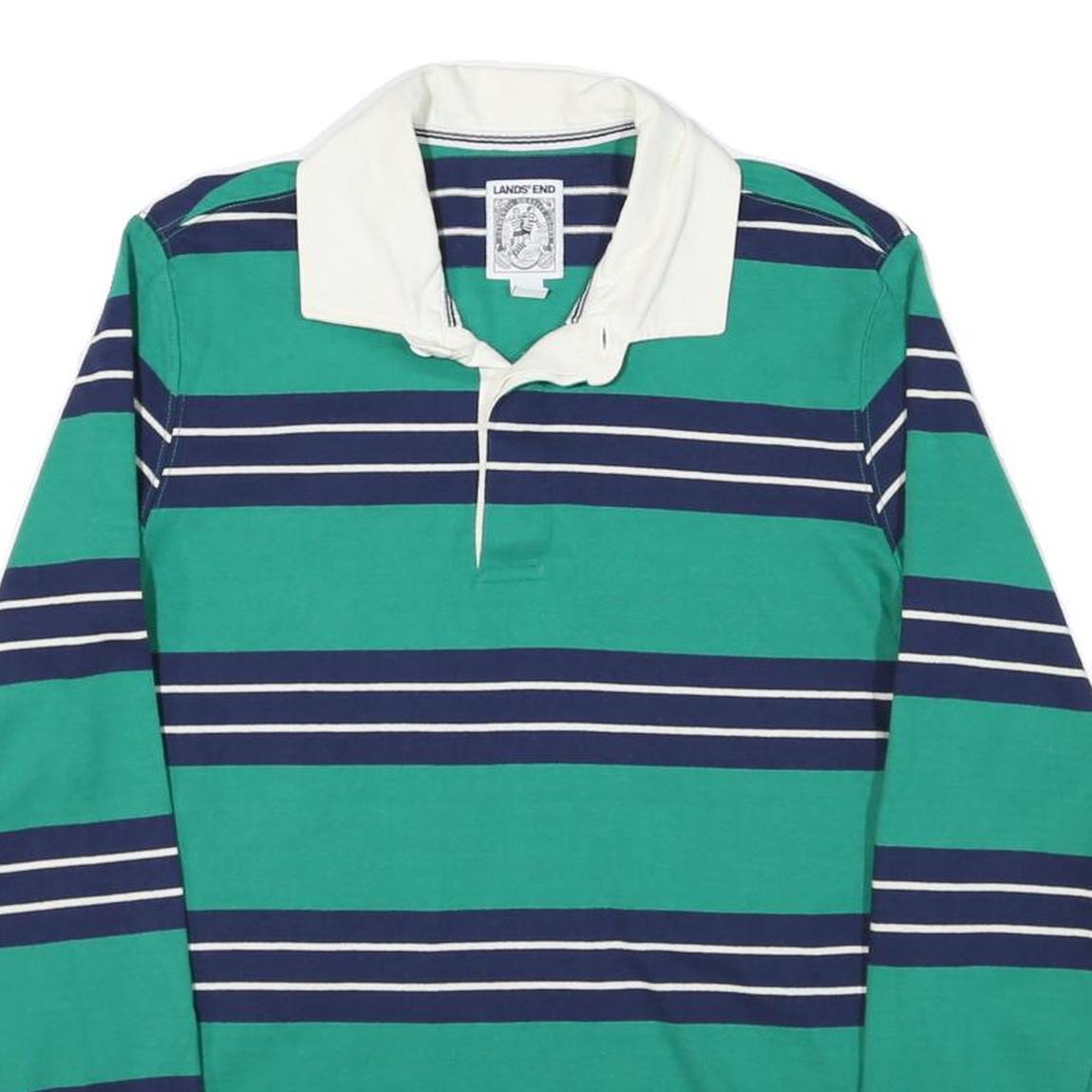 LANDS END Mens Green & Navy Striped Long Sleeve Polo Shirt M Cotton Blend Casual