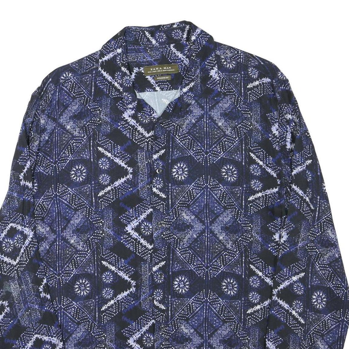 ZARA Mens Blue & Black Patterned Shirt M Cotton Blend Casual Long Sleeve