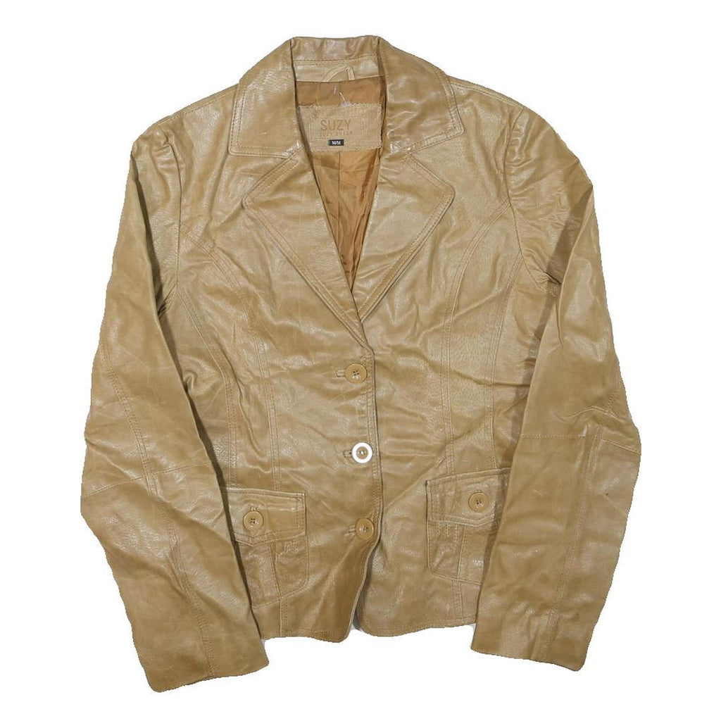 SUZY Womens Beige Leather Button Jacket M Soft Comfortable Classic Stylish
