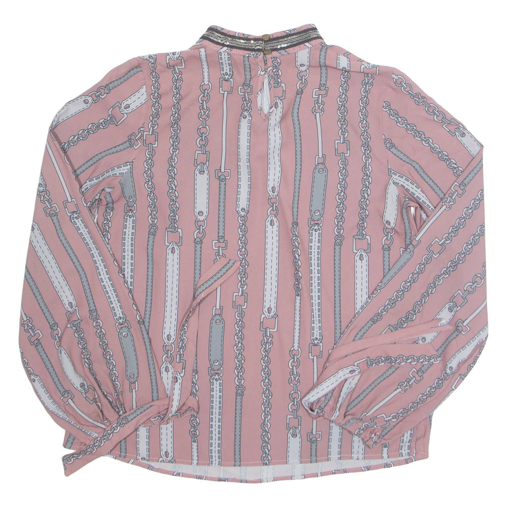 Womens Printed Blouse Pink V-Neck Long Sleeve Crazy Pattern M