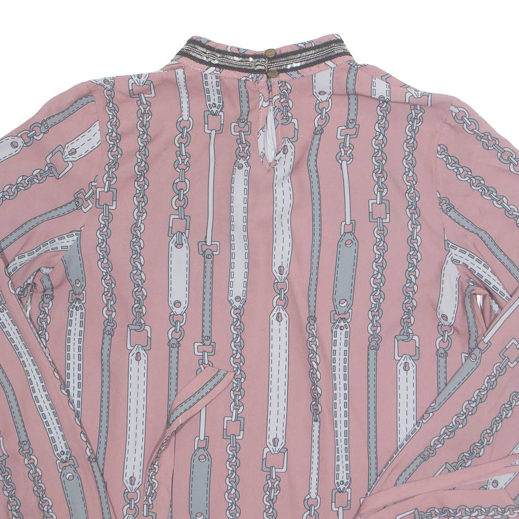 Womens Printed Blouse Pink V-Neck Long Sleeve Crazy Pattern M
