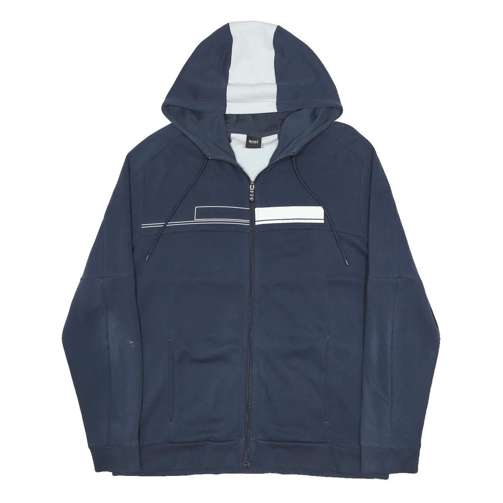 BOSS HUGO BOSS Mens Navy Blue & White Zip Up Hoodie XL Cotton Blend Casual