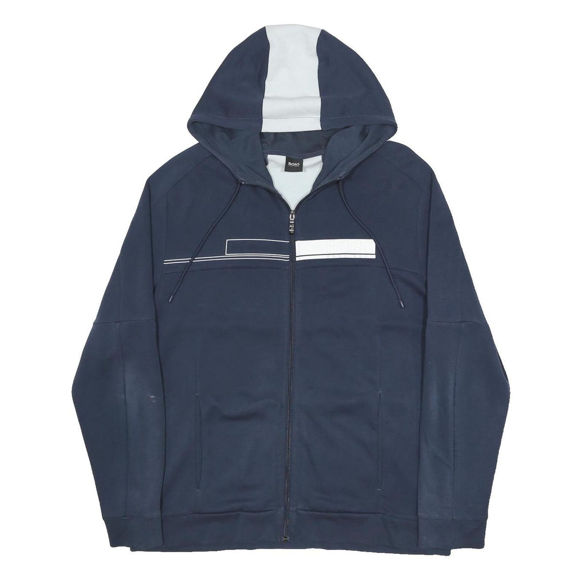 BOSS HUGO BOSS Mens Navy Blue & White Zip Up Hoodie XL Cotton Blend Casual
