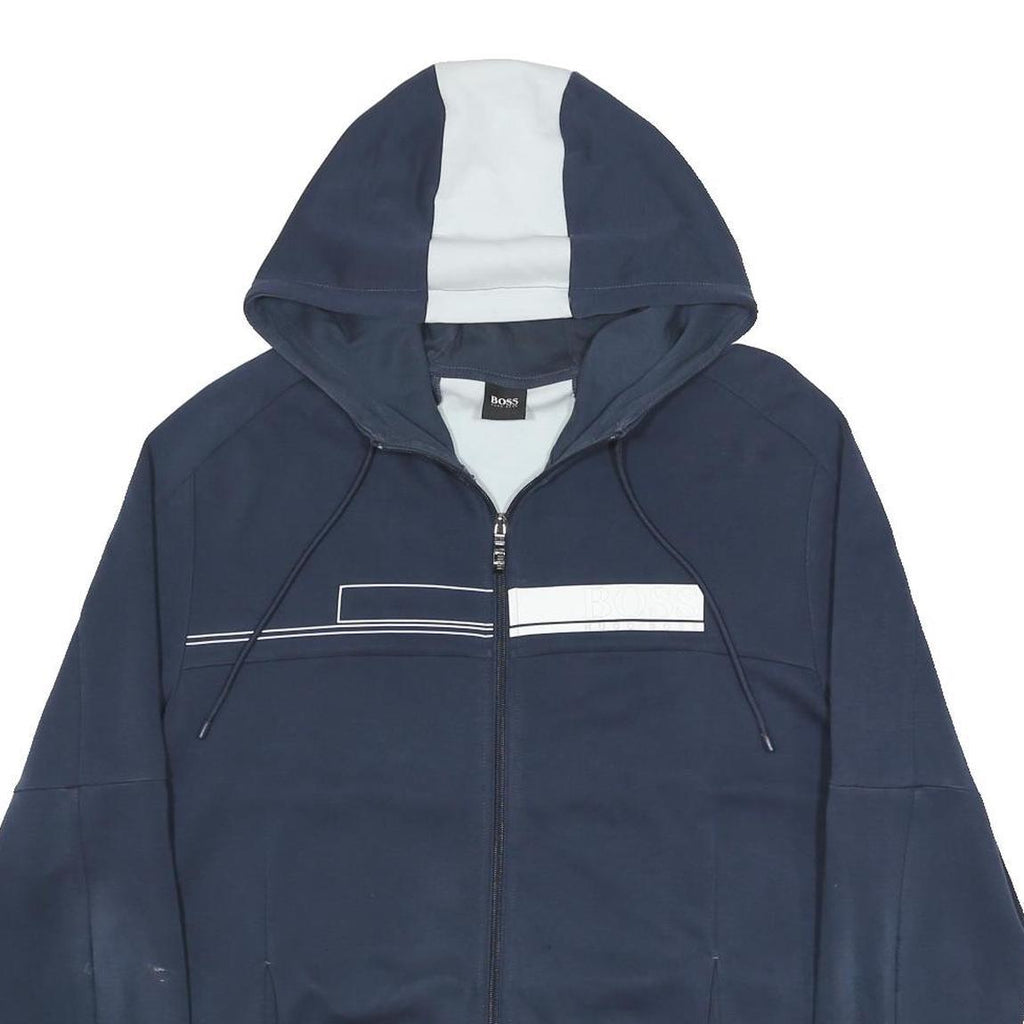 BOSS HUGO BOSS Mens Navy Blue & White Zip Up Hoodie XL Cotton Blend Casual