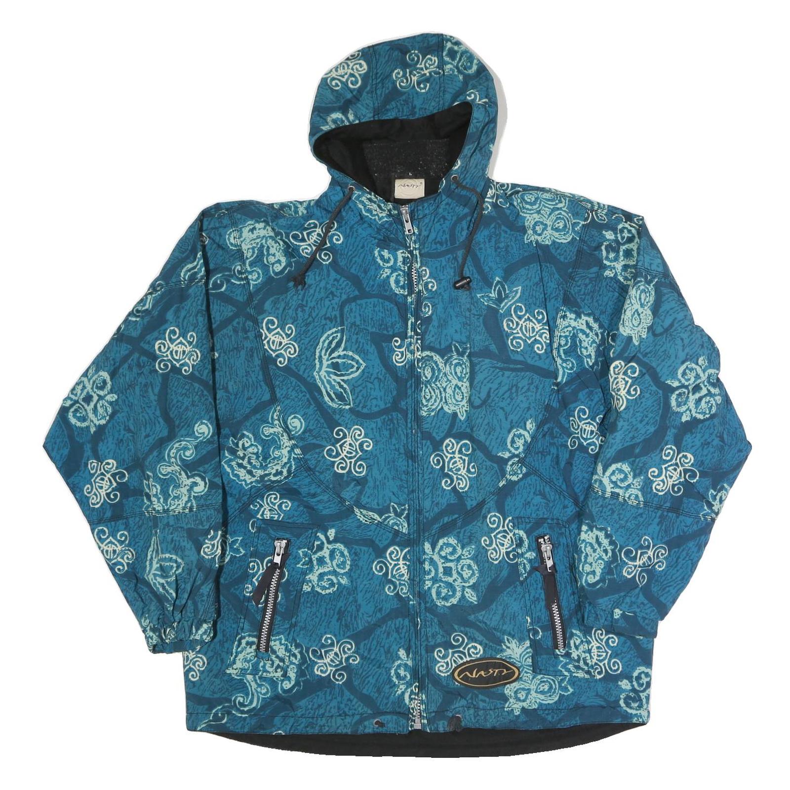 NASTY Mens Blue Crazy Pattern Outdoor Jacket L Polyester Blend Woven Hooded Zip
