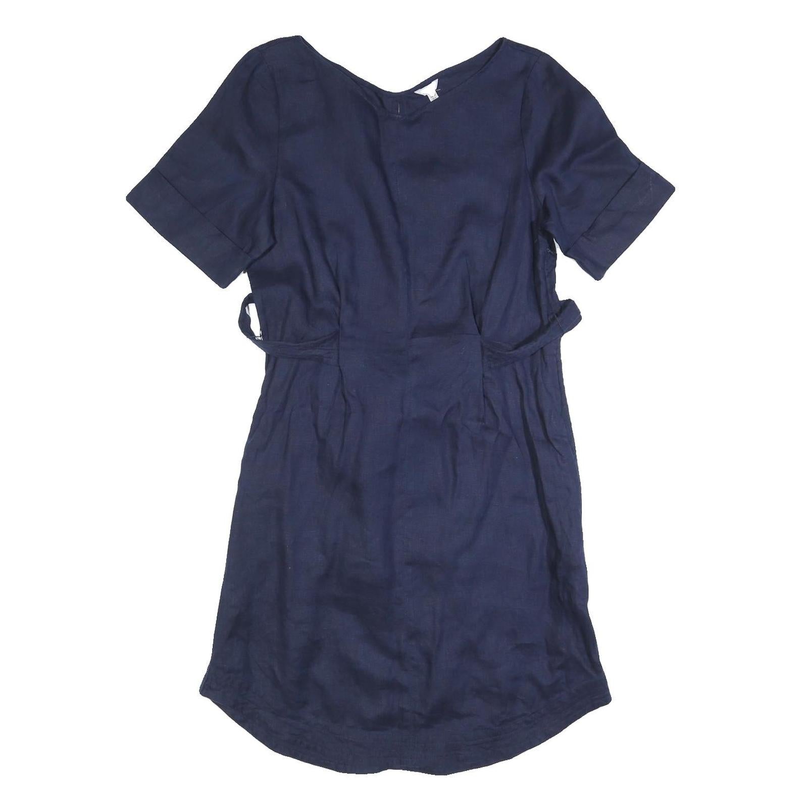 JIGSAW Womens Navy Linen Day Dress Short Sleeve UK 10 Belted Casual Summer Style