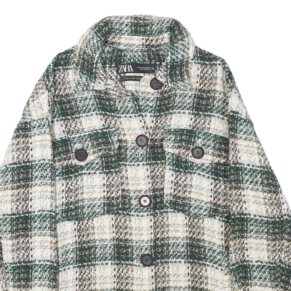 ZARA Womens Green & Cream Checked Button Jacket XS Cotton Blend Woven Stylish