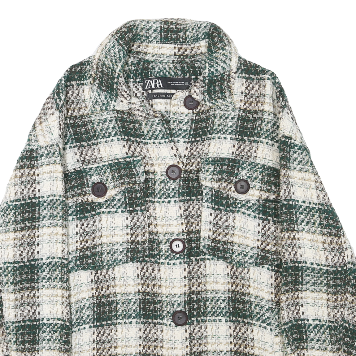 ZARA Womens Green & Cream Checked Button Jacket XS Cotton Blend Woven Stylish