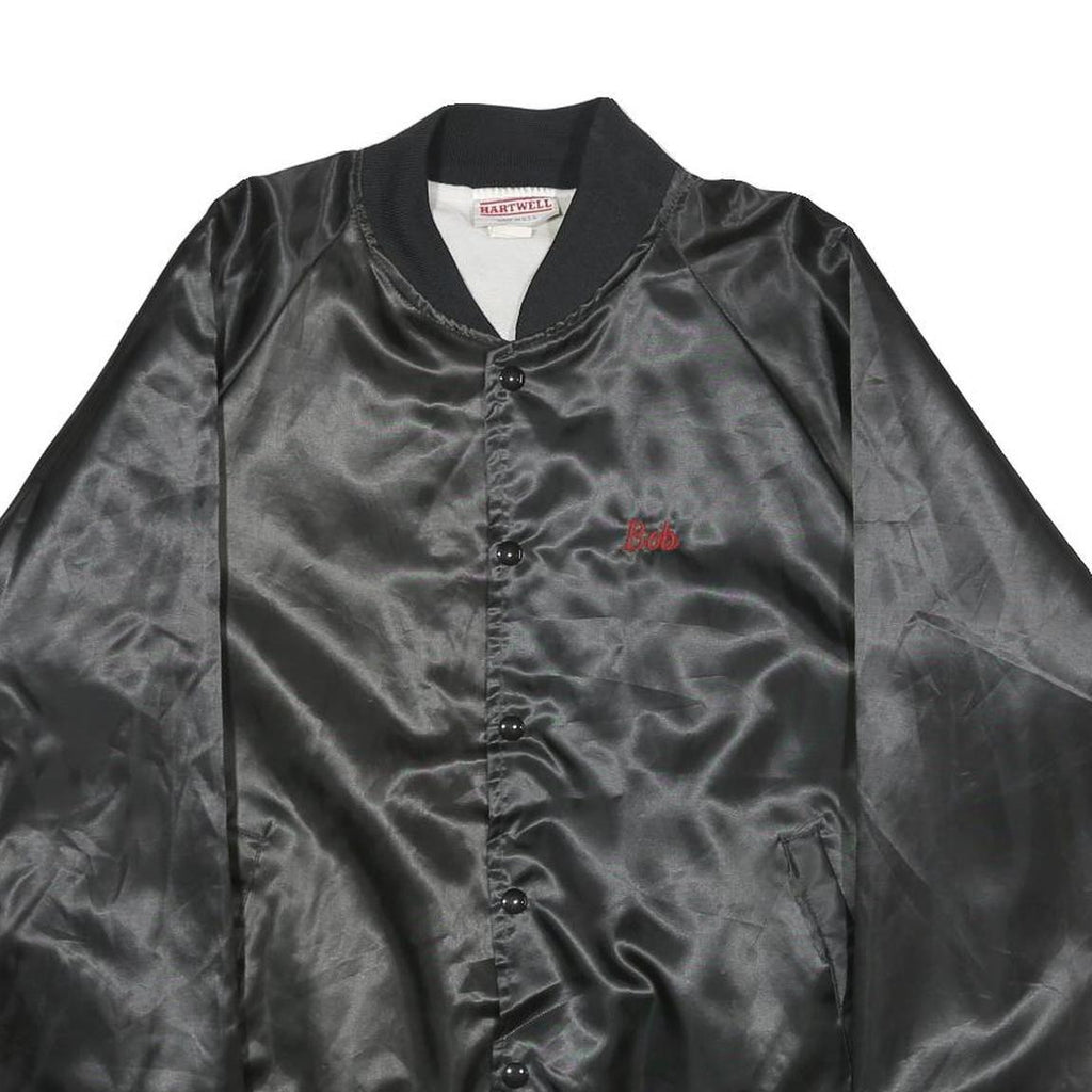 HARTWELL Mens Black Nylon Bomber Jacket L Satin Finish Embroidered Back Logo