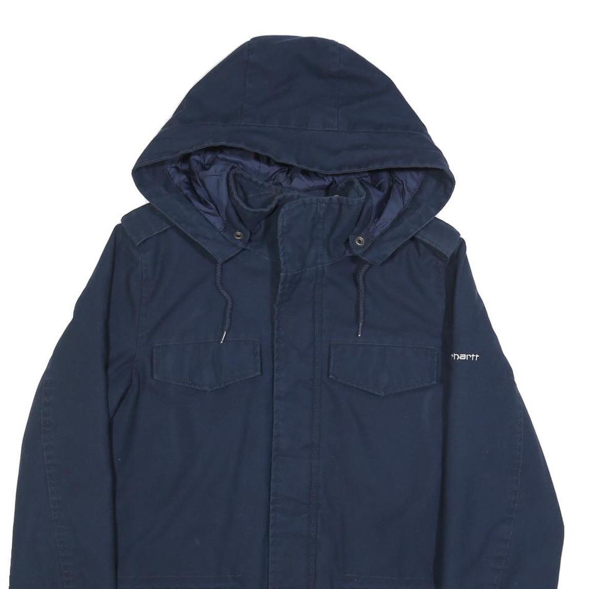 CARHARTT Mens Navy Blue Hooded Cotton Blend Jacket S Zip Casual Workwear