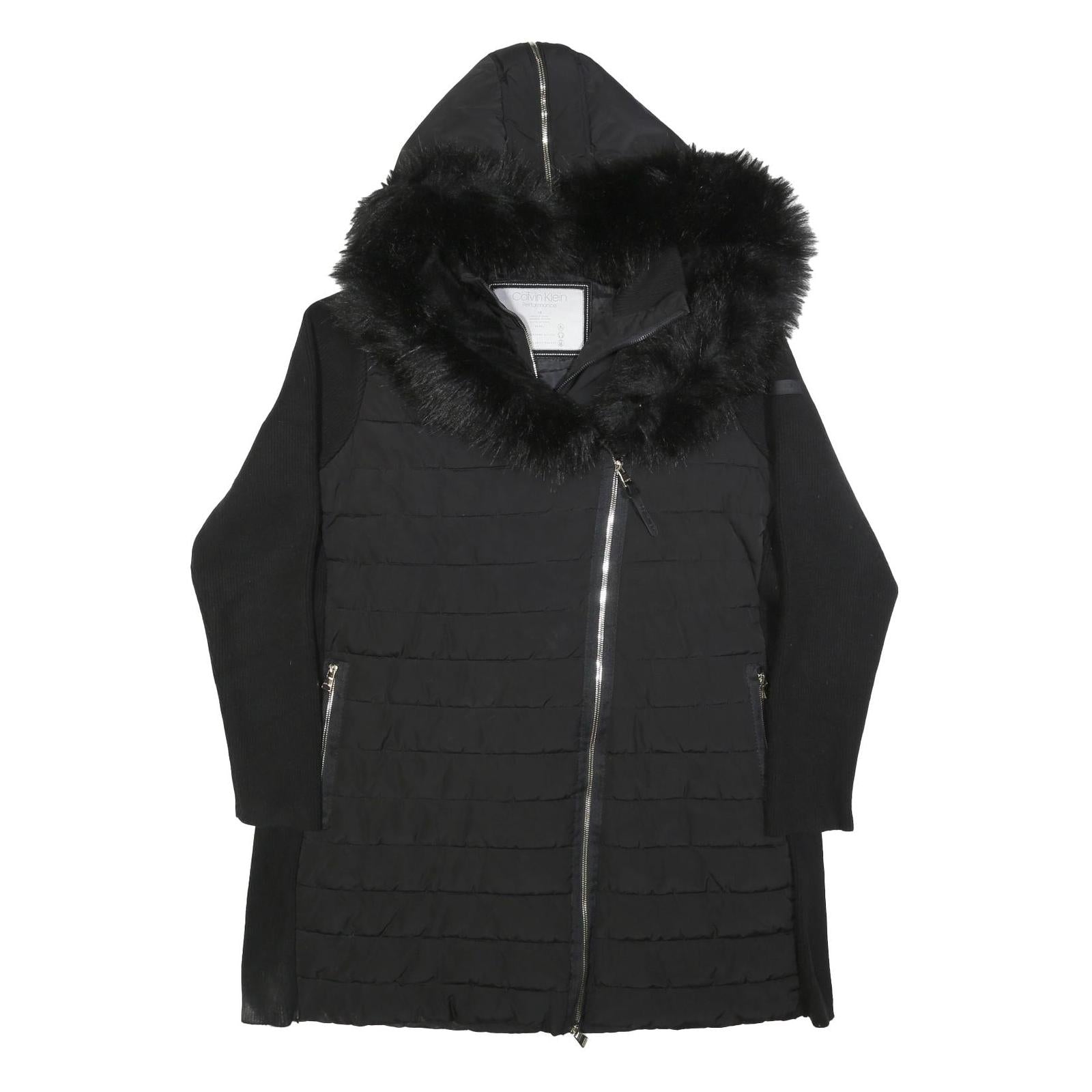 CALVIN KLEIN Womens Black Quilted Jacket XL Polyester Blend Asymmetric Zip Faux