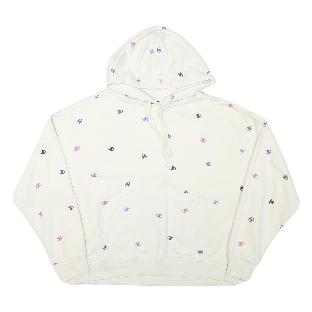 CHAMPION Womens White Multicolour Logo Print Pullover Hoodie L Casual Cotton