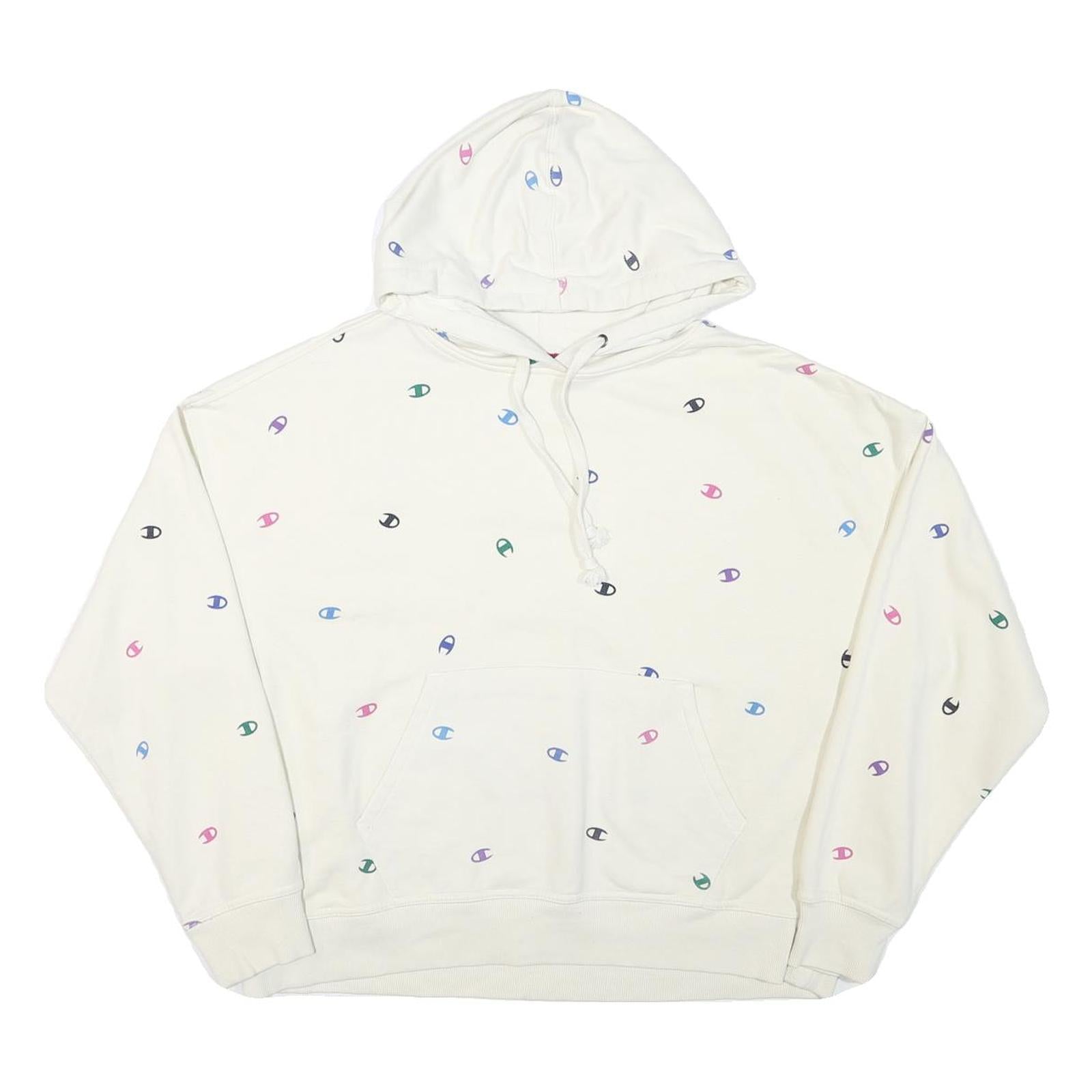 CHAMPION Womens White Multicolour Logo Print Pullover Hoodie L Casual Cotton