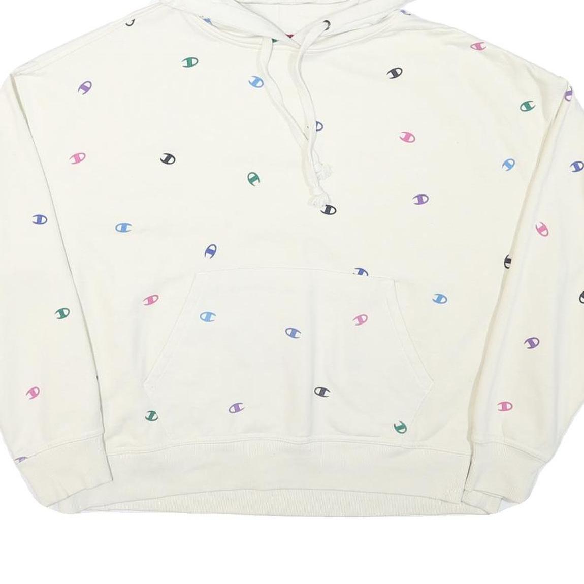 CHAMPION Womens White Multicolour Logo Print Pullover Hoodie L Casual Cotton