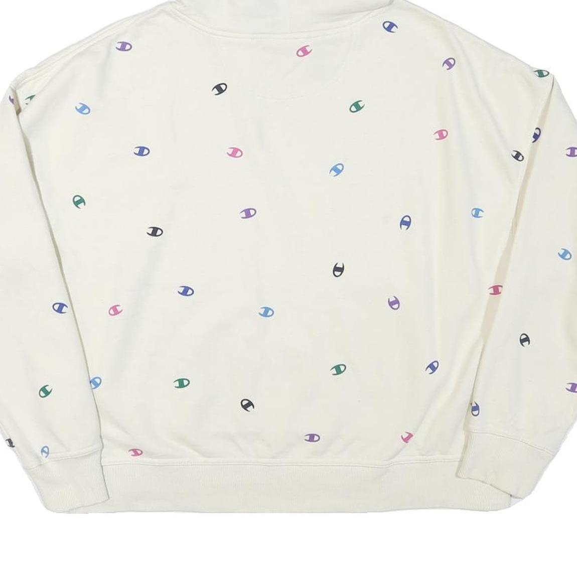 CHAMPION Womens White Multicolour Logo Print Pullover Hoodie L Casual Cotton