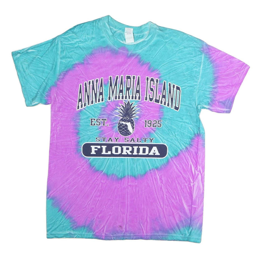 GILDAN Mens Blue & Purple Tie Dye T-Shirt L Short Sleeve Crew Neck Anna Maria