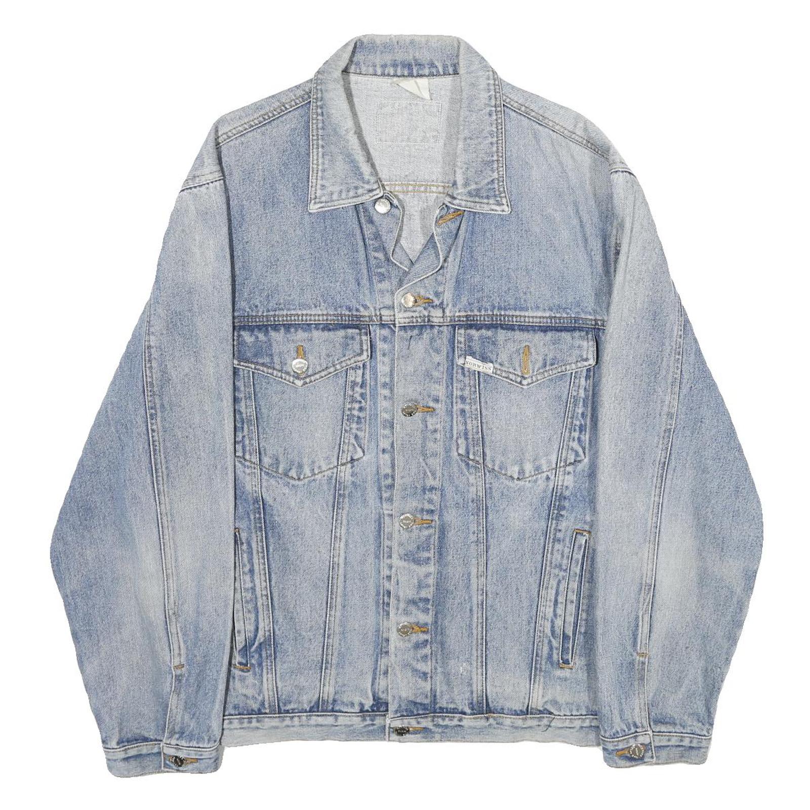 NORWISS Mens Blue Denim Button Jacket L Cotton Classic Plain Casual Lightweight