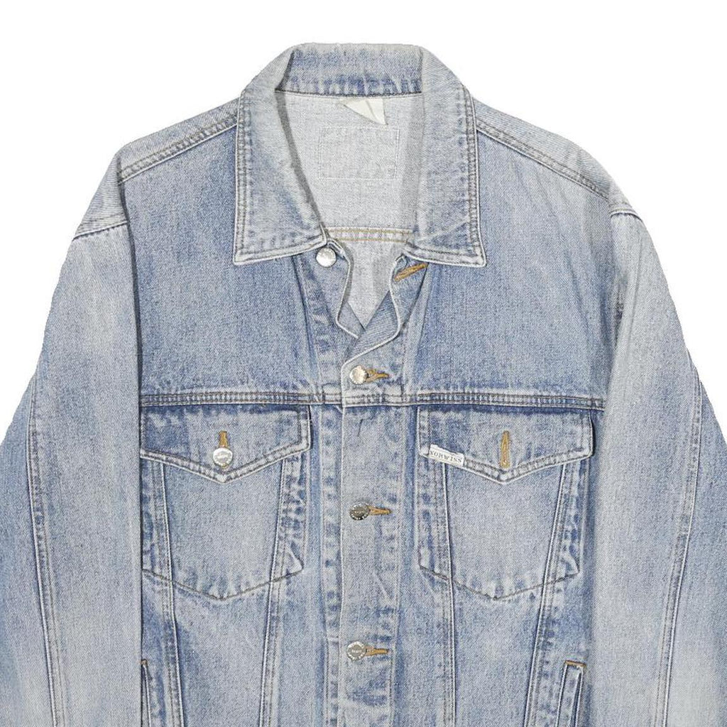 NORWISS Mens Blue Denim Button Jacket L Cotton Classic Plain Casual Lightweight