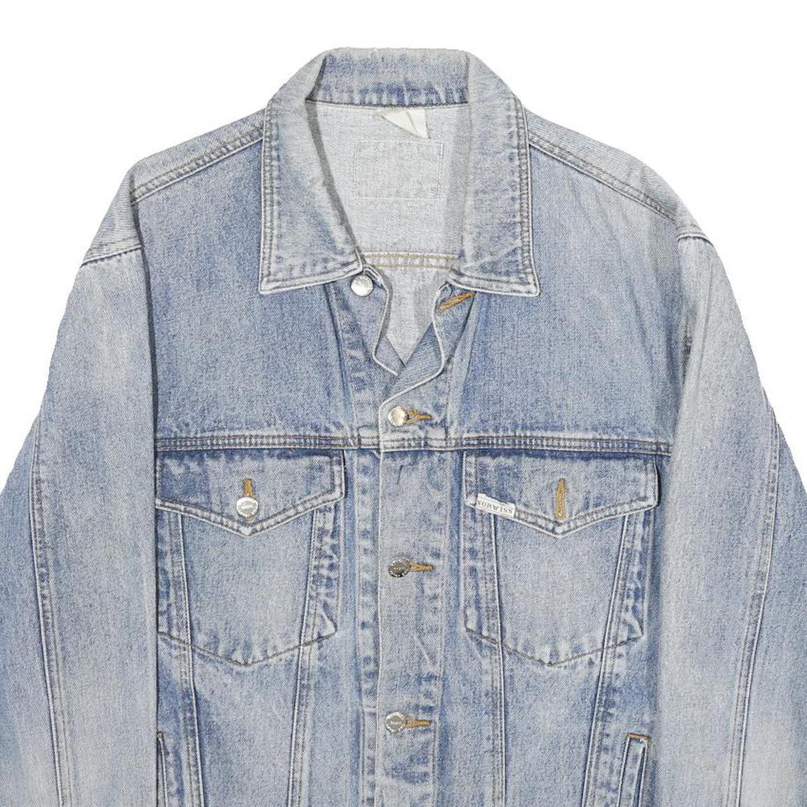 NORWISS Mens Blue Denim Button Jacket L Cotton Classic Plain Casual Lightweight