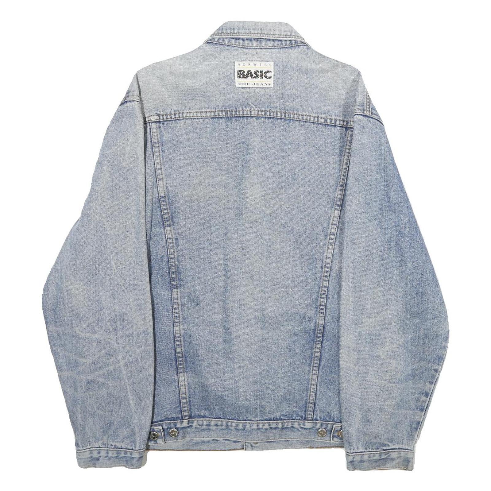 NORWISS Mens Blue Denim Button Jacket L Cotton Classic Plain Casual Lightweight