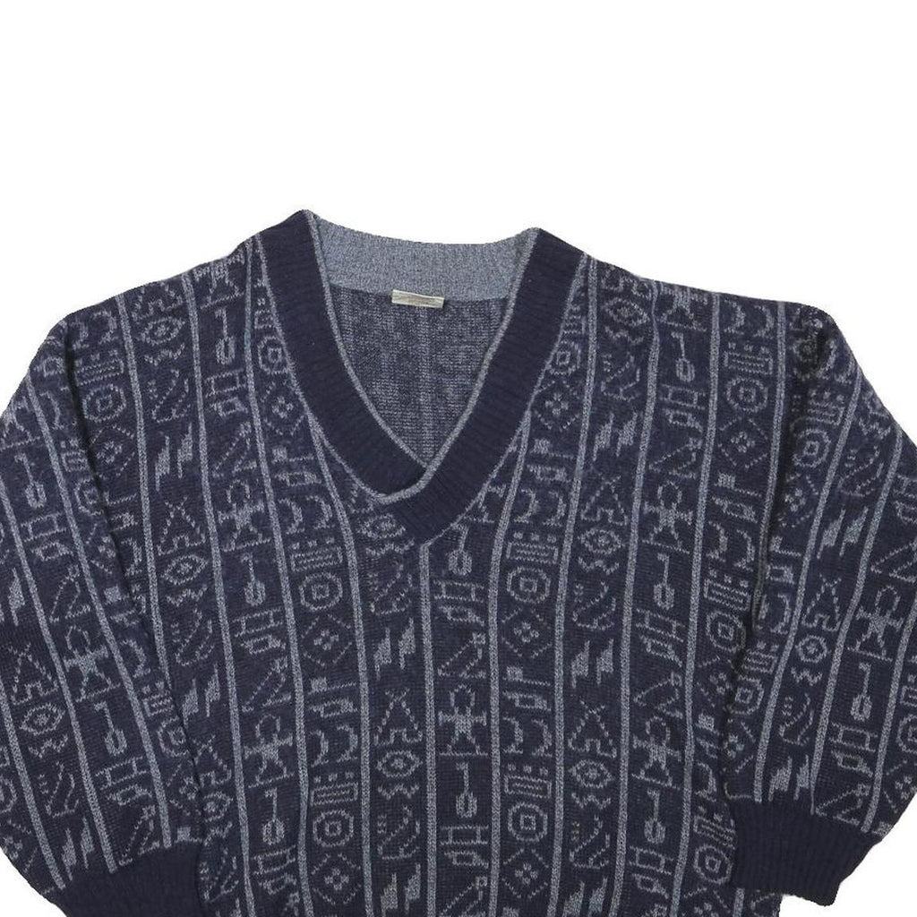 ANGELO LITRICO Mens Blue Patterned Wool Blend Jumper V-Neck Cable Knit M