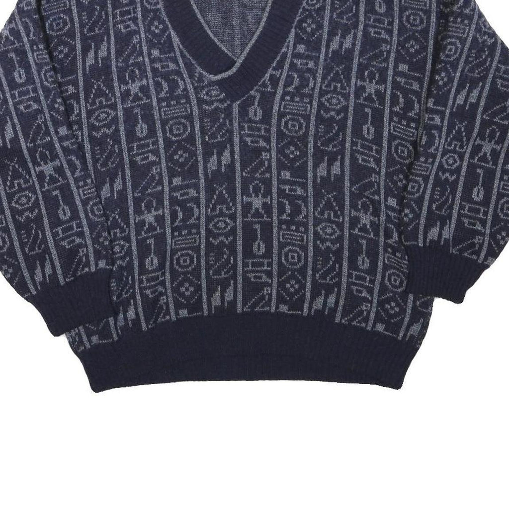 ANGELO LITRICO Mens Blue Patterned Wool Blend Jumper V-Neck Cable Knit M