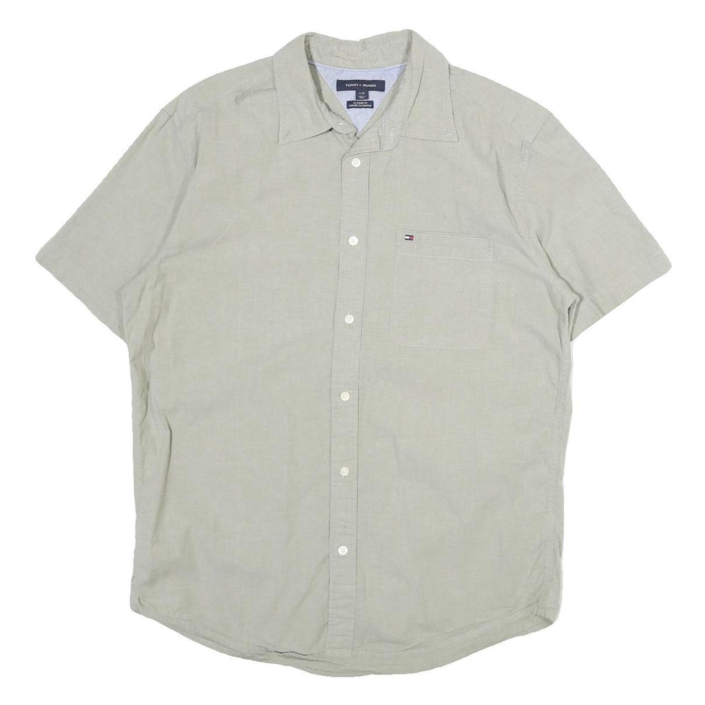 TOMMY HILFIGER Mens Beige Classic Cotton Shirt L Pocket Logo Casual Summer