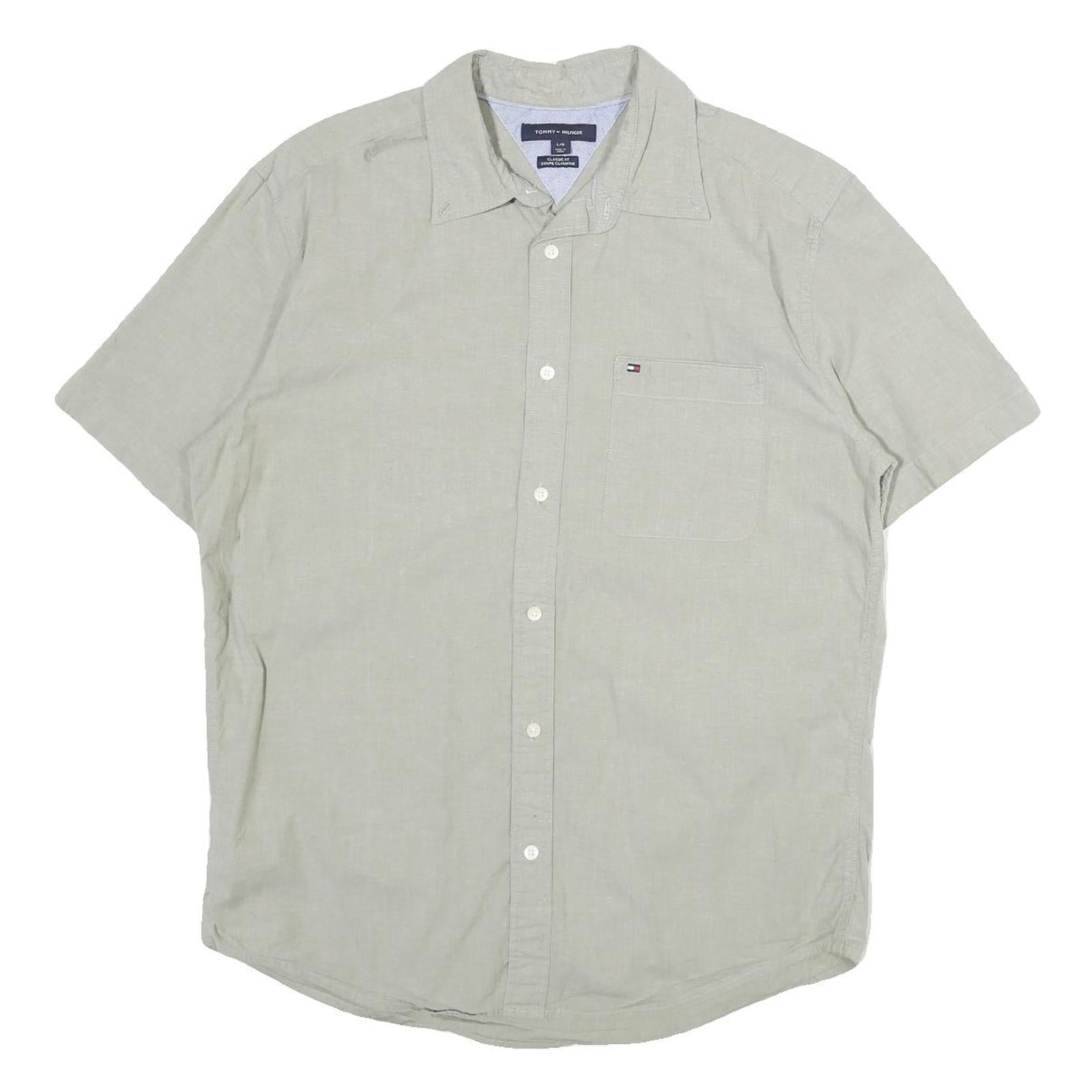 TOMMY HILFIGER Mens Beige Classic Cotton Shirt L Pocket Logo Casual Summer