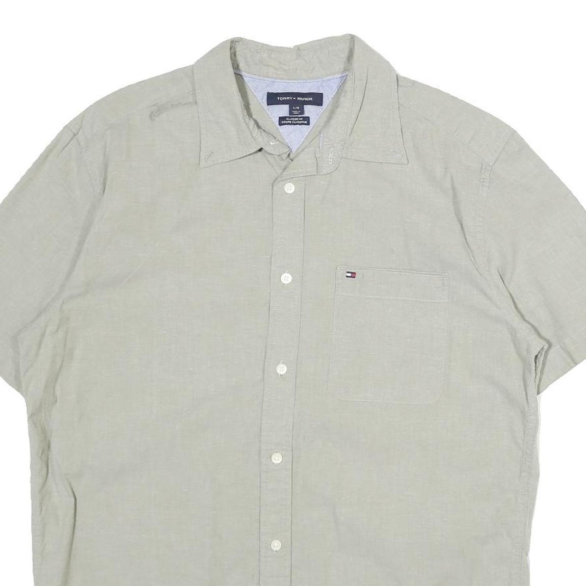 TOMMY HILFIGER Mens Beige Classic Cotton Shirt L Pocket Logo Casual Summer