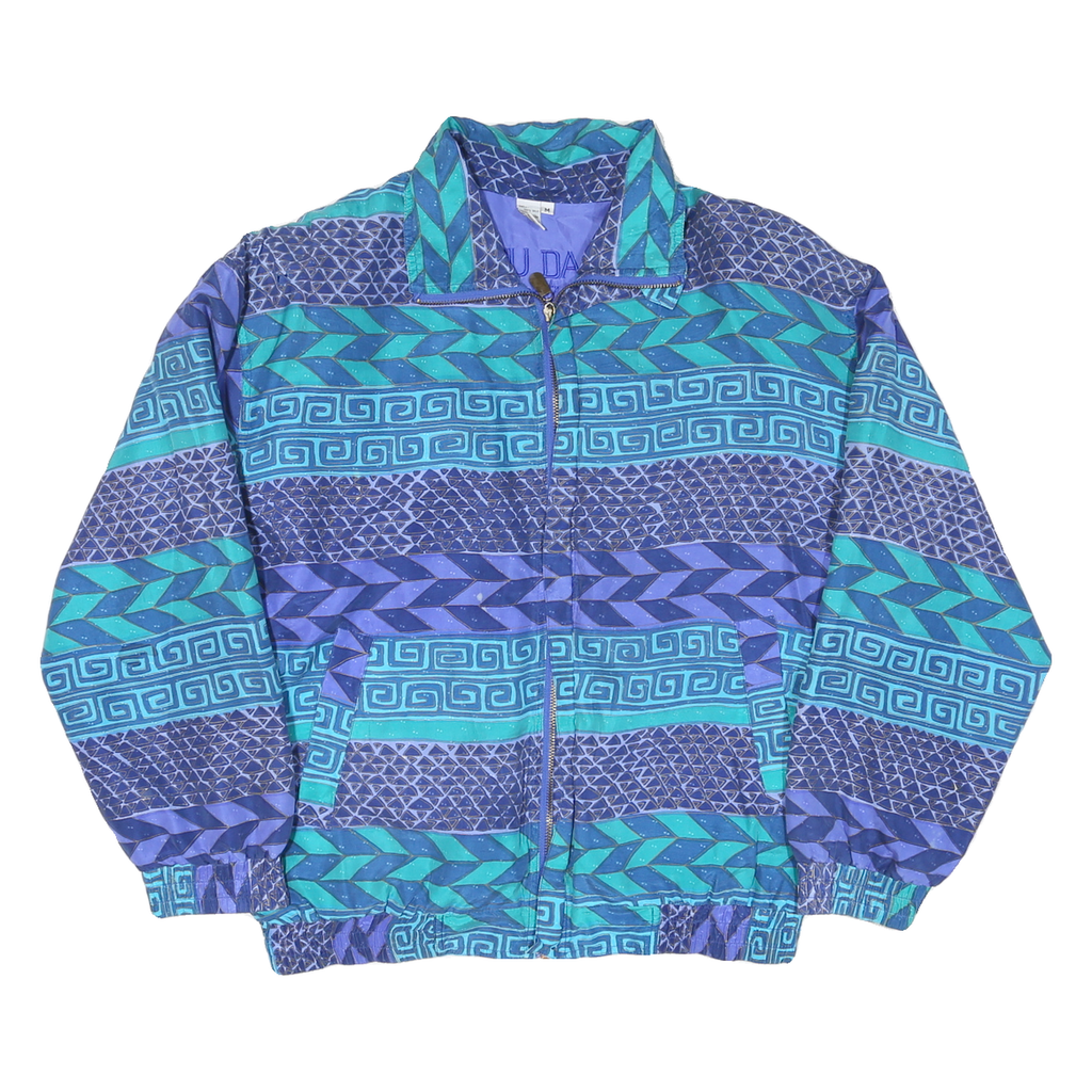 FUDA Mens Blue Teal Geometric Pattern Silk Jacket M Zip Casual Retro Stylish