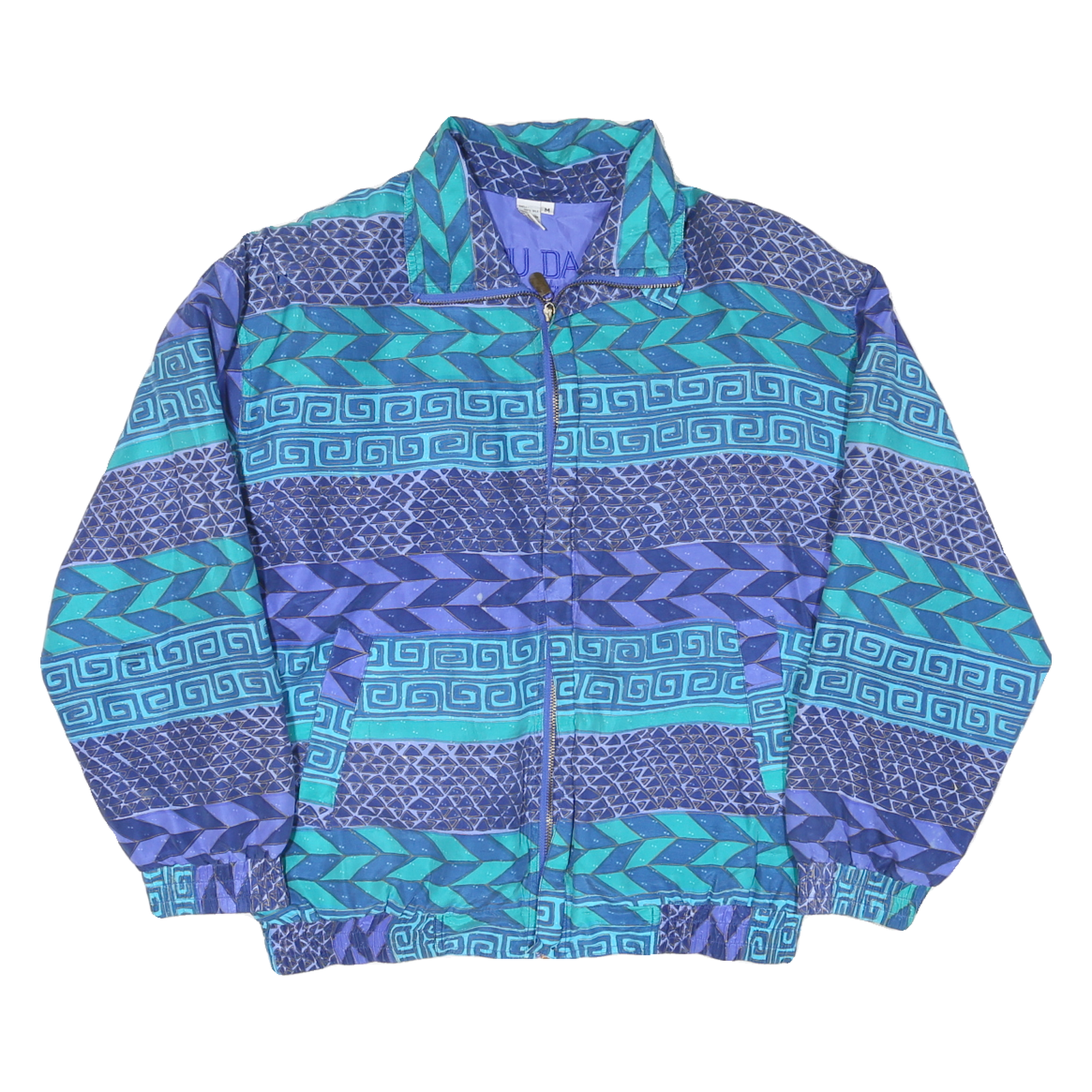 FUDA Mens Blue Teal Geometric Pattern Silk Jacket M Zip Casual Retro Stylish