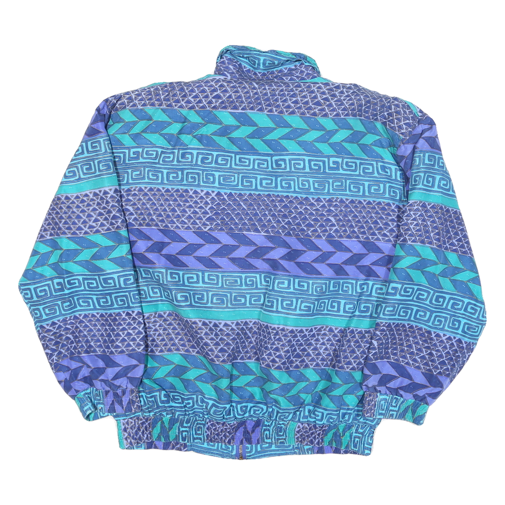 FUDA Mens Blue Teal Geometric Pattern Silk Jacket M Zip Casual Retro Stylish