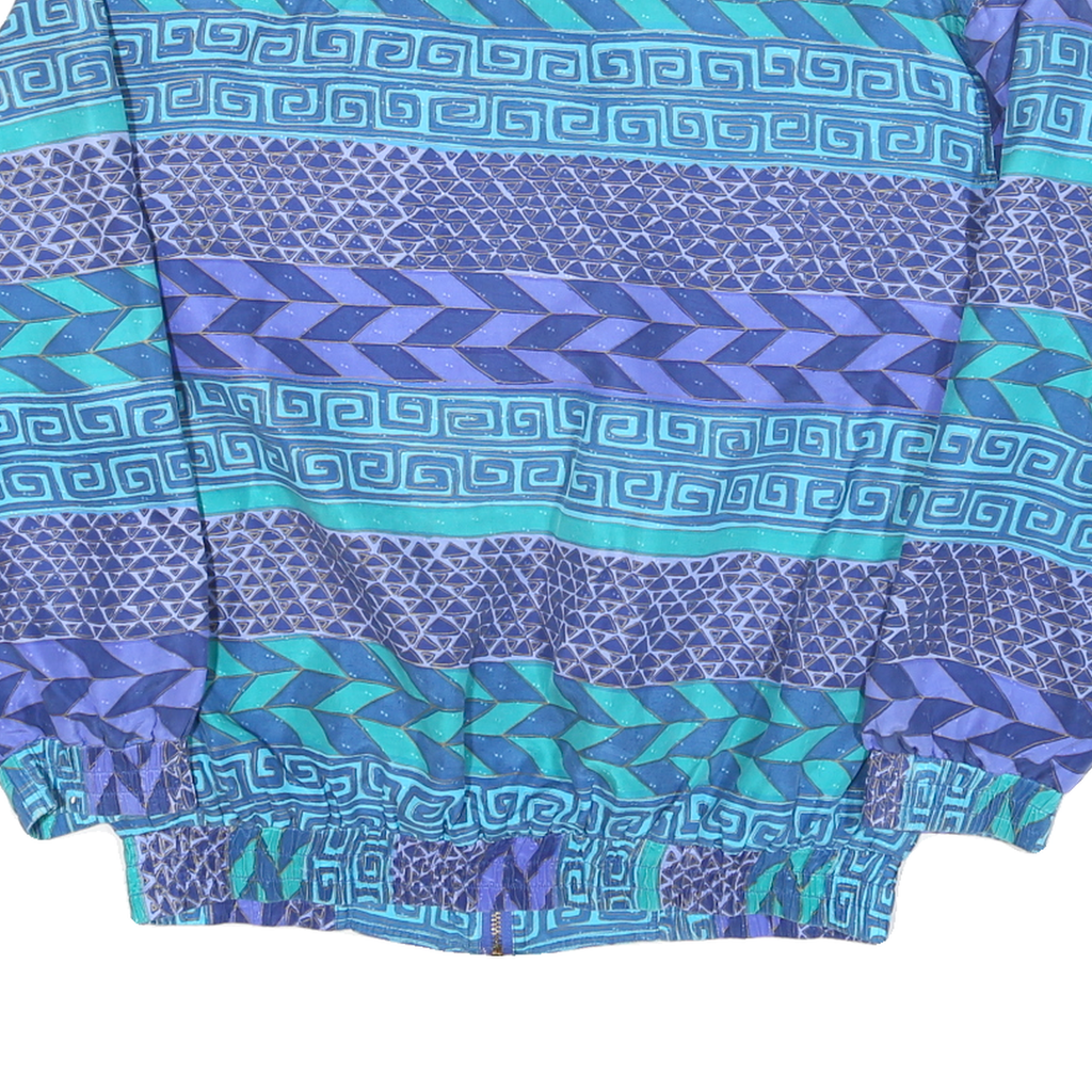 FUDA Mens Blue Teal Geometric Pattern Silk Jacket M Zip Casual Retro Stylish