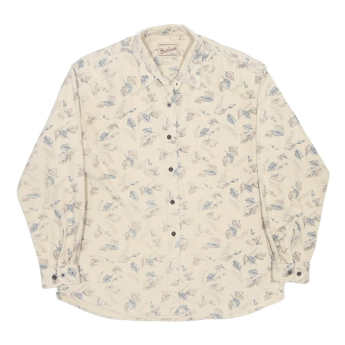 WOOLRICH Womens Cream & Blue Leaf Print Shirt L Cotton Casual Button-Up
