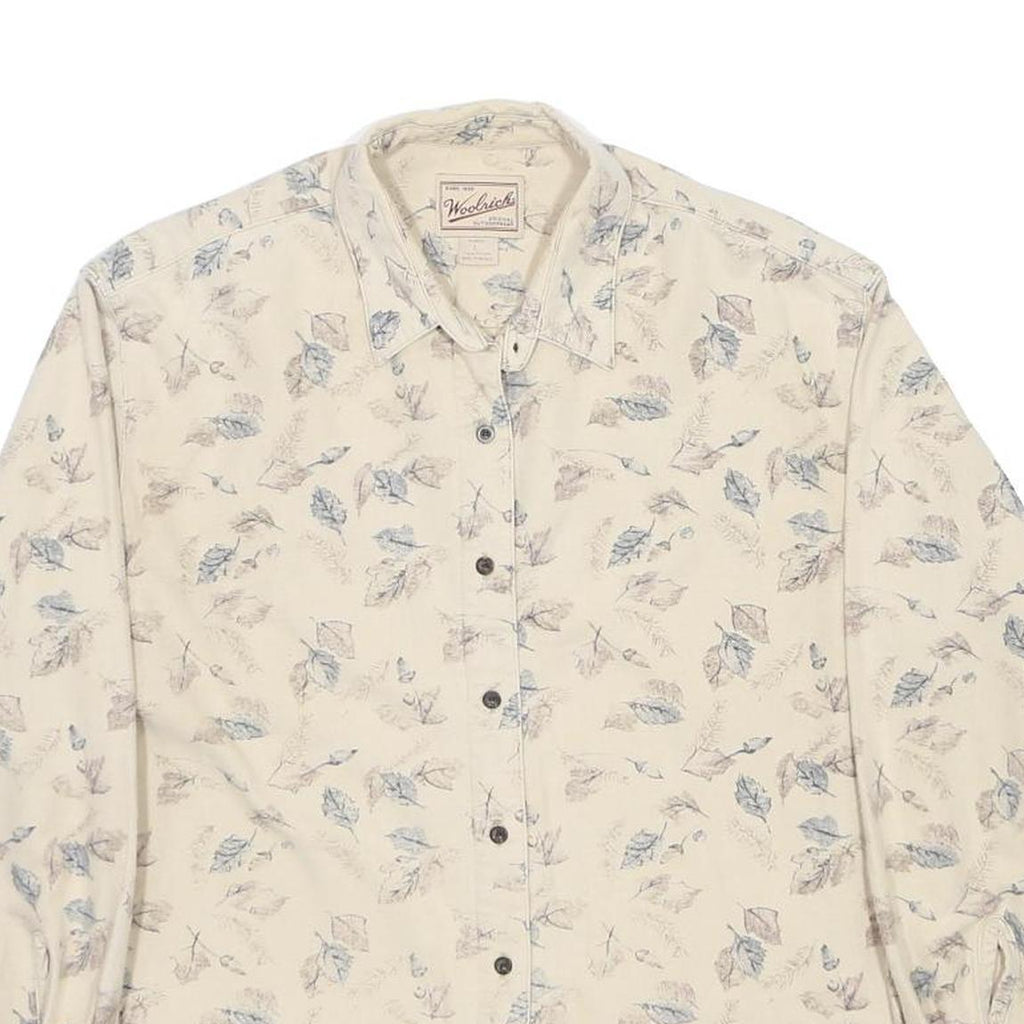 WOOLRICH Womens Cream & Blue Leaf Print Shirt L Cotton Casual Button-Up