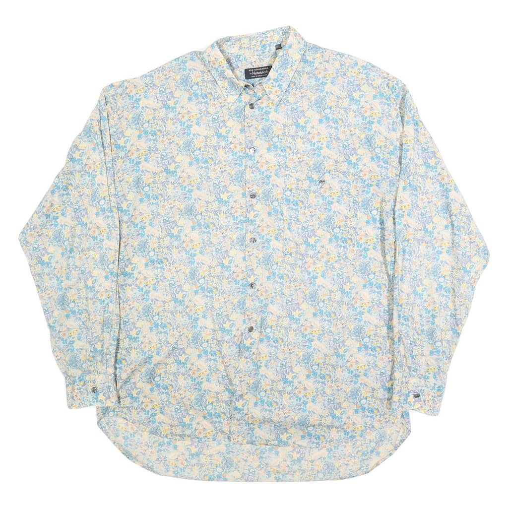 NETTELSTROTH Mens Blue & Cream Floral Cotton Blend Shirt XL Lightweight Casual