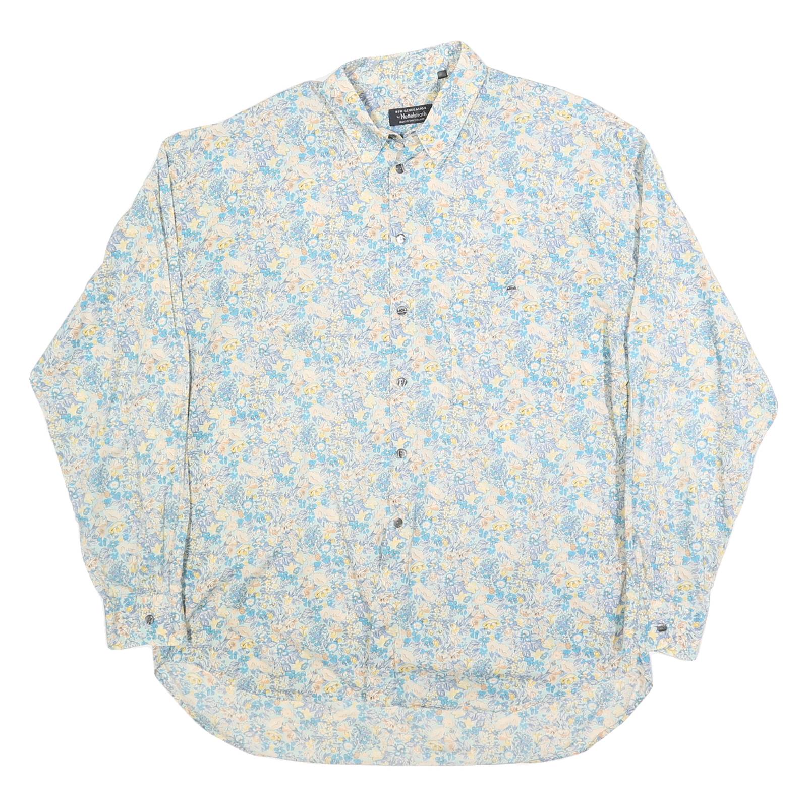 NETTELSTROTH Mens Blue & Cream Floral Cotton Blend Shirt XL Lightweight Casual