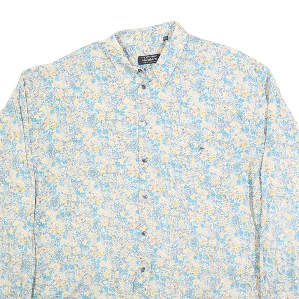 NETTELSTROTH Mens Blue & Cream Floral Cotton Blend Shirt XL Lightweight Casual