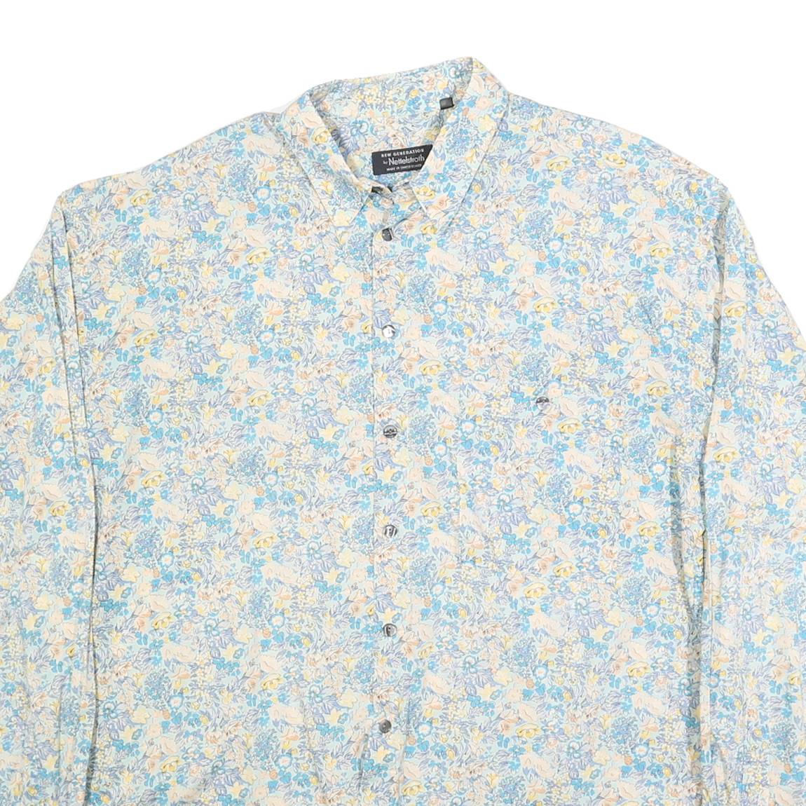 NETTELSTROTH Mens Blue & Cream Floral Cotton Blend Shirt XL Lightweight Casual