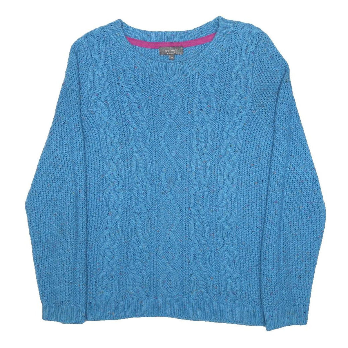 PER UNA Womens Blue Patterned Chunky Knit Crew Neck Jumper UK 18 Wool Blend
